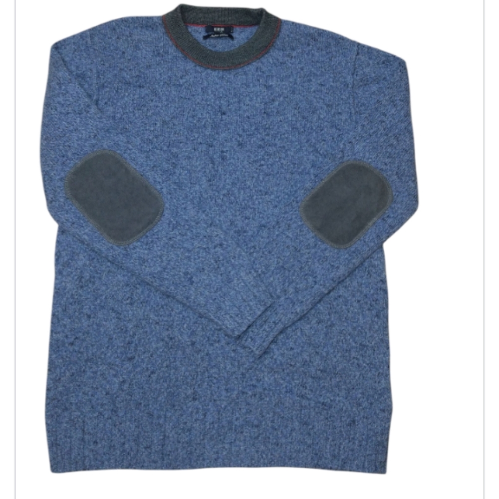 Stylish Blue Crewneck Sweater with Gray Elbow Patches